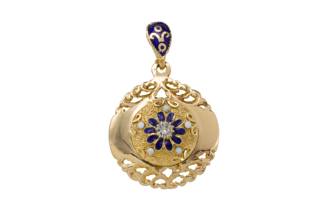 Antique enamel pendant in 14 carat gold-Pendants-The Antique Ring Shop