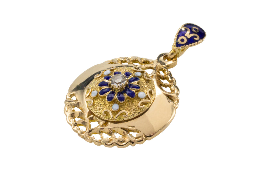 Antique enamel pendant in 14 carat gold-Pendants-The Antique Ring Shop