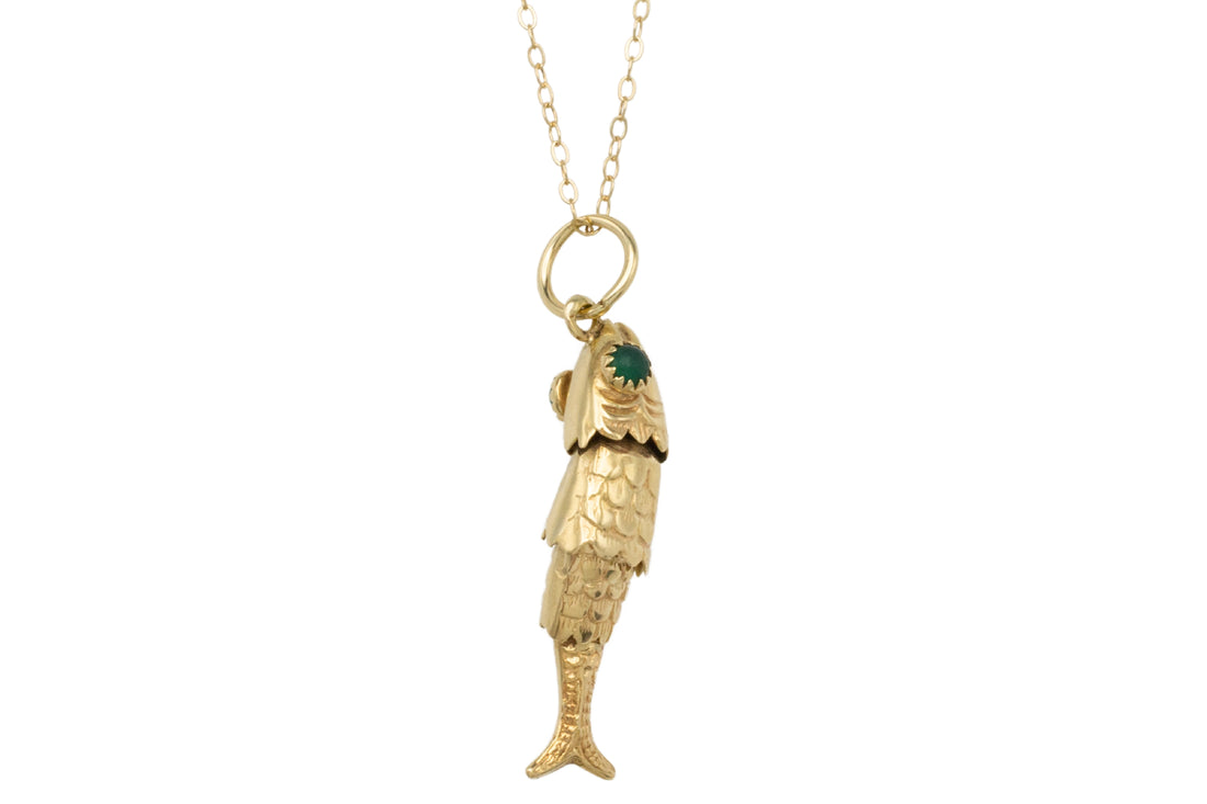 Vintage 14 carat gold fish pendant with chrysoprase eyes-Pendants-The Antique Ring Shop