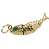 Vintage 14 carat gold fish pendant with chrysoprase eyes-Pendants-The Antique Ring Shop