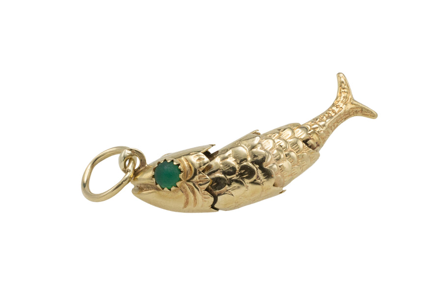 Vintage 14 carat gold fish pendant with chrysoprase eyes-Pendants-The Antique Ring Shop