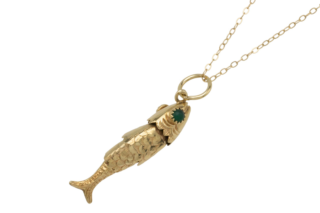 Vintage 14 carat gold fish pendant with chrysoprase eyes-Pendants-The Antique Ring Shop