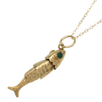 Vintage 14 carat gold fish pendant with chrysoprase eyes-Pendants-The Antique Ring Shop