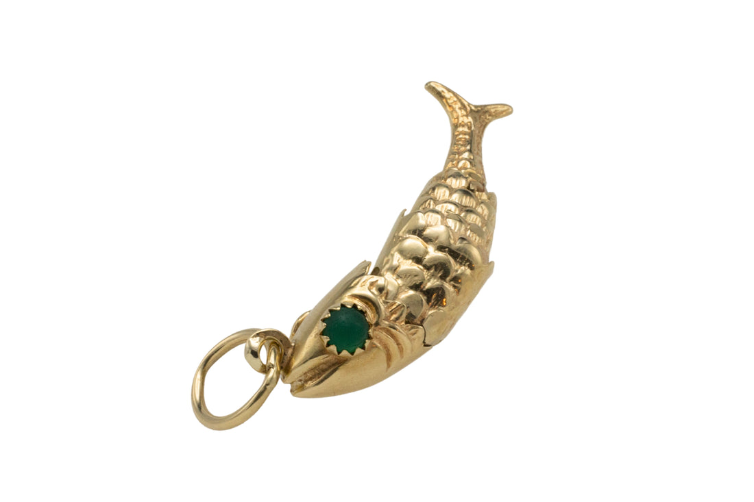 Vintage 14 carat gold fish pendant with chrysoprase eyes-Pendants-The Antique Ring Shop