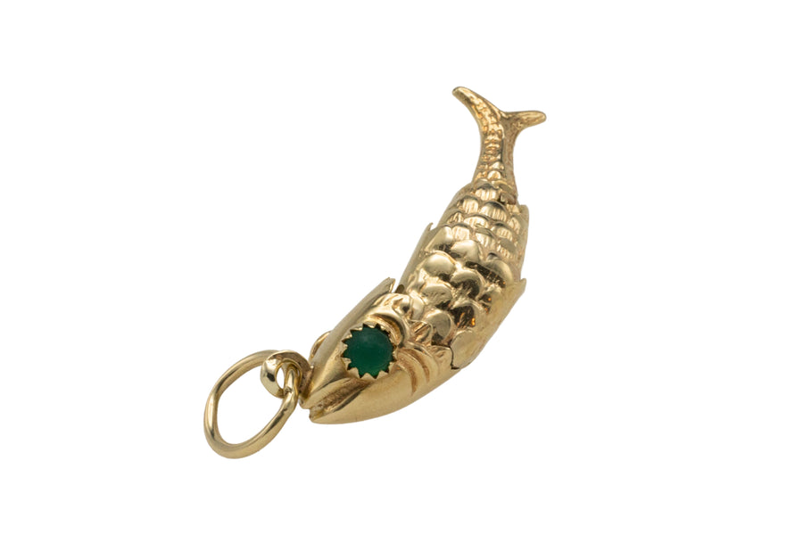 Vintage 14 carat gold fish pendant with chrysoprase eyes-Pendants-The Antique Ring Shop