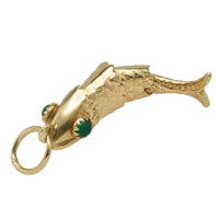 Vintage 14 carat gold fish pendant with chrysoprase eyes-Pendants-The Antique Ring Shop