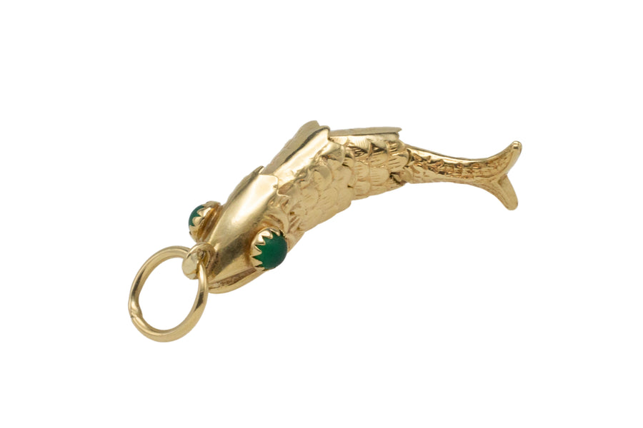 Vintage 14 carat gold fish pendant with chrysoprase eyes-Pendants-The Antique Ring Shop