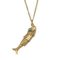 Vintage 14 carat gold fish pendant with turquoise eyes-Pendants-The Antique Ring Shop