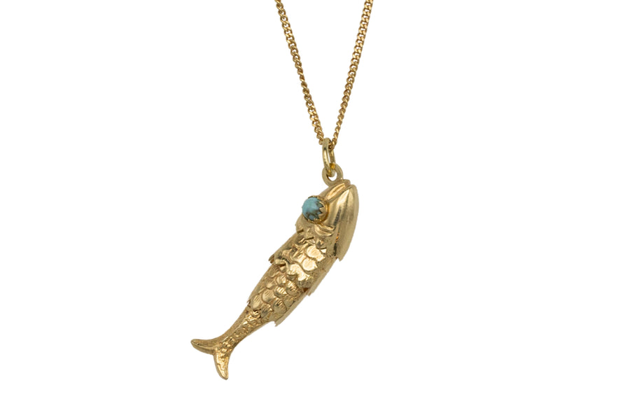 Vintage 14 carat gold fish pendant with turquoise eyes-Pendants-The Antique Ring Shop