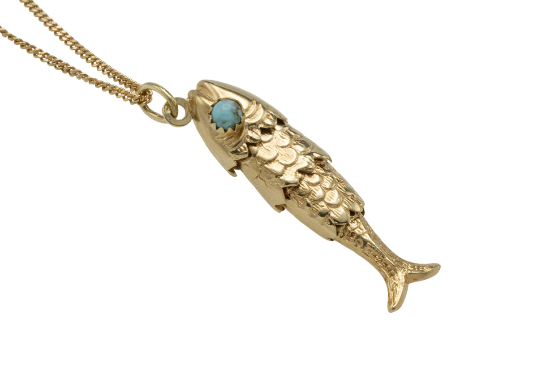 Vintage 14 carat gold fish pendant with turquoise eyes-Pendants-The Antique Ring Shop