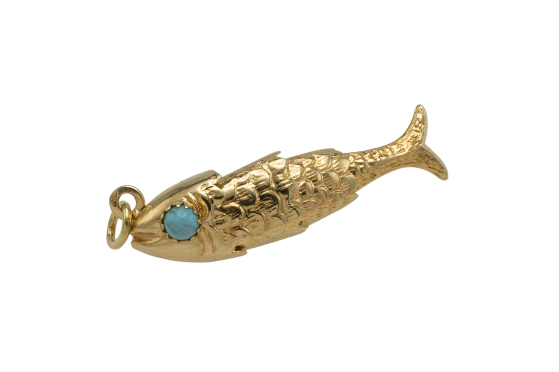 Vintage 14 carat gold fish pendant with turquoise eyes-Pendants-The Antique Ring Shop