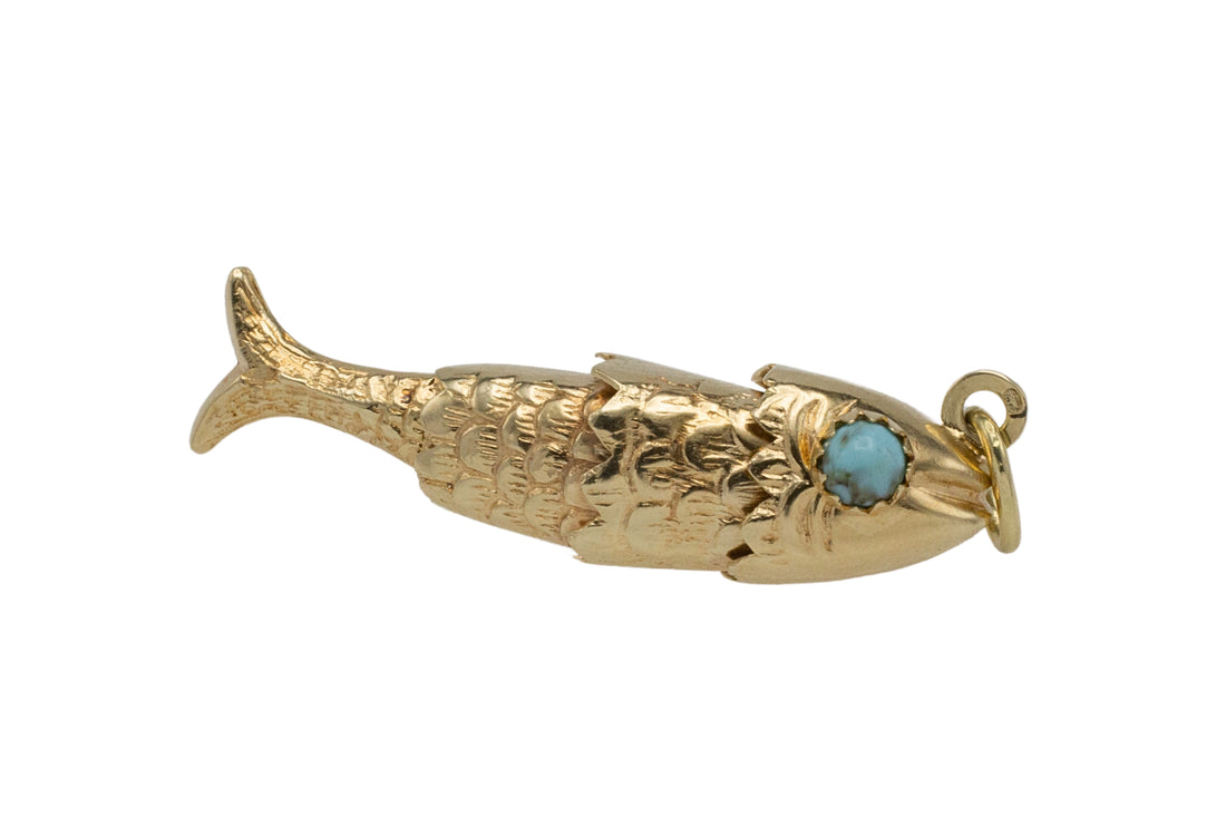 Vintage 14 carat gold fish pendant with turquoise eyes-Pendants-The Antique Ring Shop