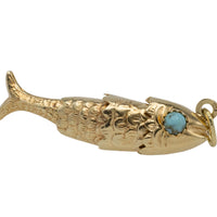 Vintage 14 carat gold fish pendant with turquoise eyes-Pendants-The Antique Ring Shop