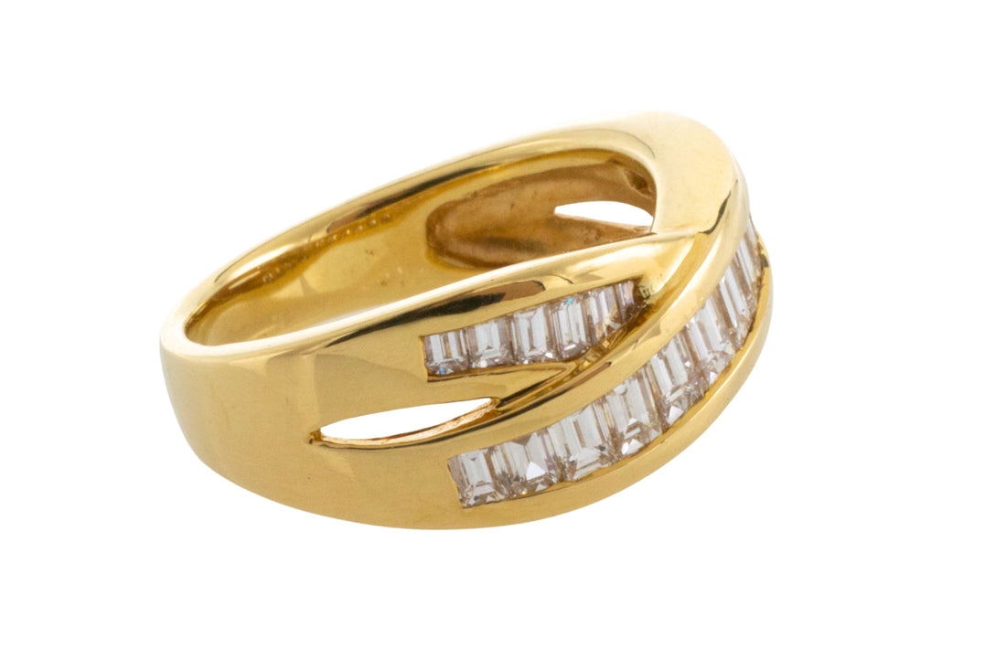 Baguette diamond crossover ring in 18 carat gold-Vintage Rings-The Antique Ring Shop