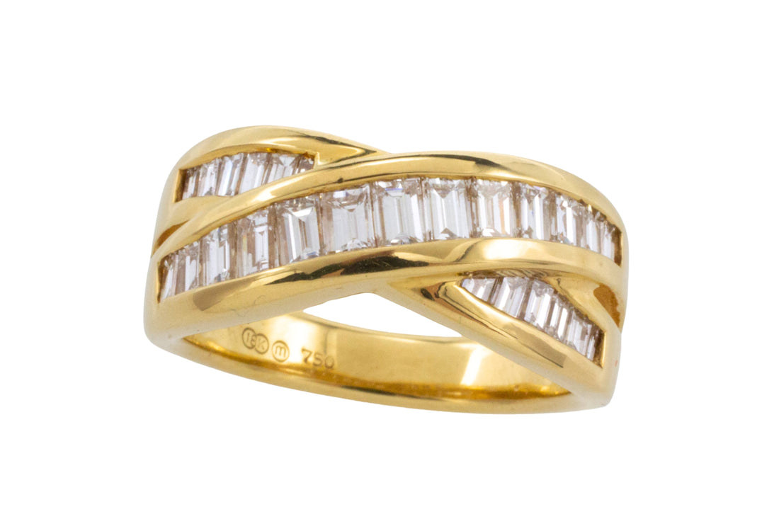 Baguette diamond crossover ring in 18 carat gold-Vintage Rings-The Antique Ring Shop