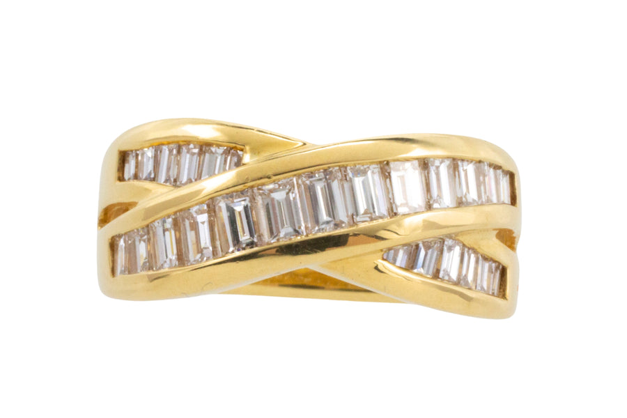 Baguette diamond crossover ring in 18 carat gold-Vintage Rings-The Antique Ring Shop