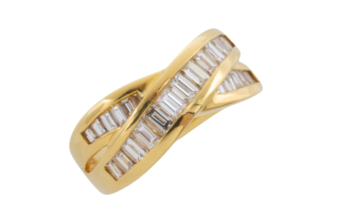 Baguette diamond crossover ring in 18 carat gold-Vintage Rings-The Antique Ring Shop