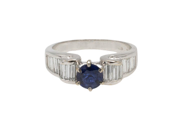 White gold ring with baguette diamonds and sapphire-engagement rings-The Antique Ring Shop