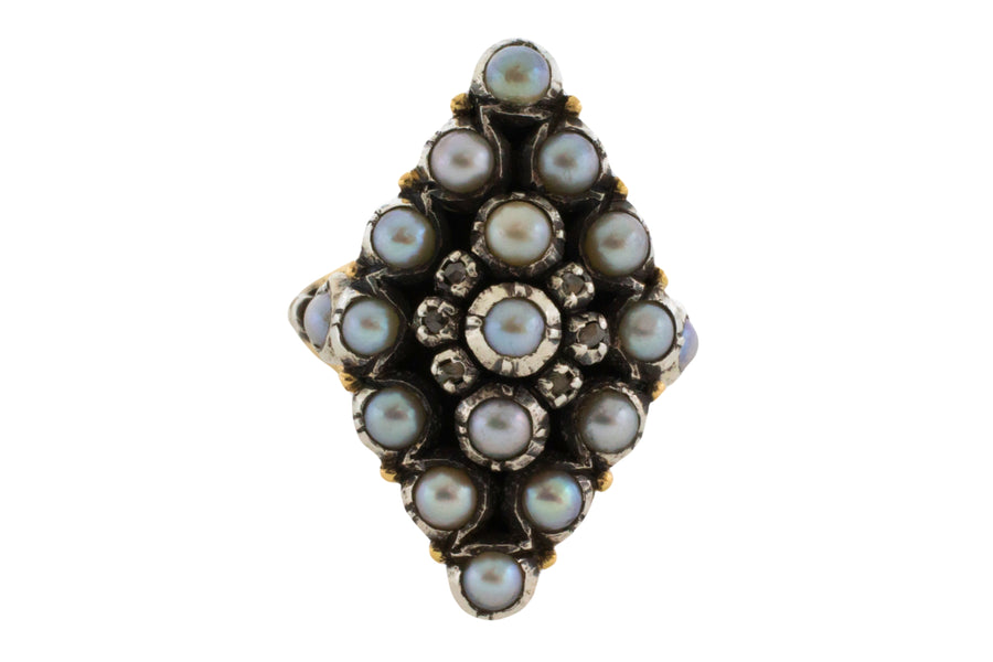 Vintage navette grey pearl and rose diamond ring-Vintage Rings-The Antique Ring Shop