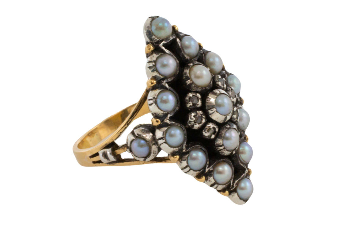 Vintage navette grey pearl and rose diamond ring-Vintage Rings-The Antique Ring Shop