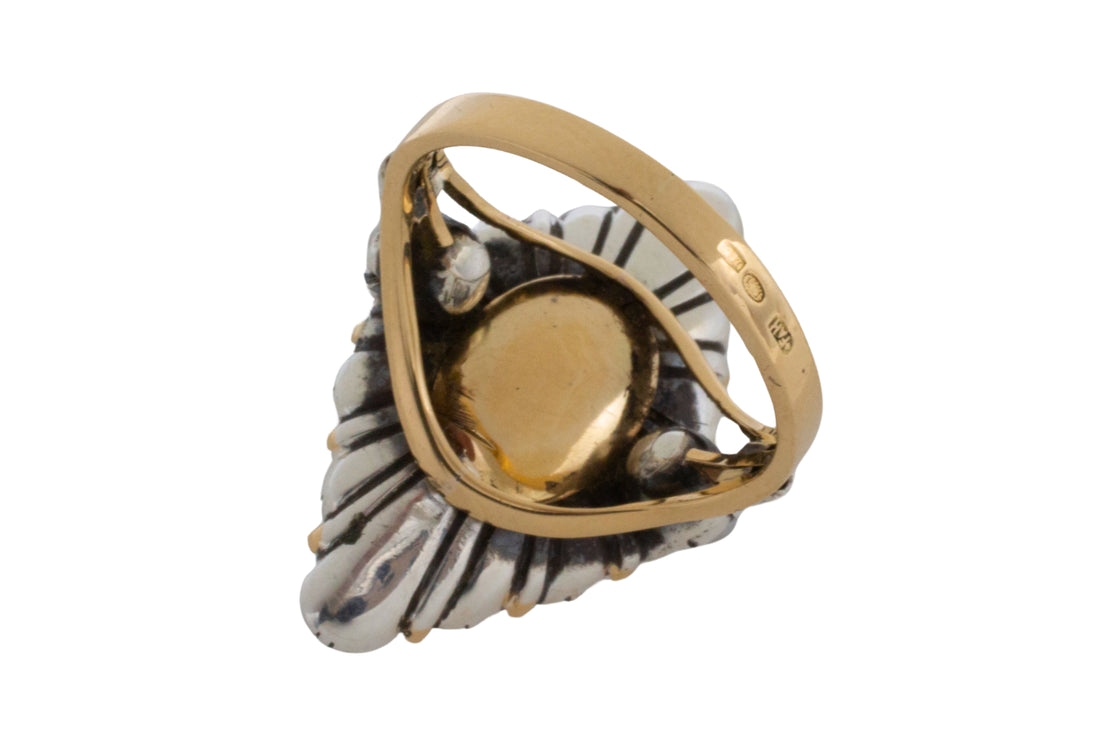 Vintage navette grey pearl and rose diamond ring-Vintage Rings-The Antique Ring Shop