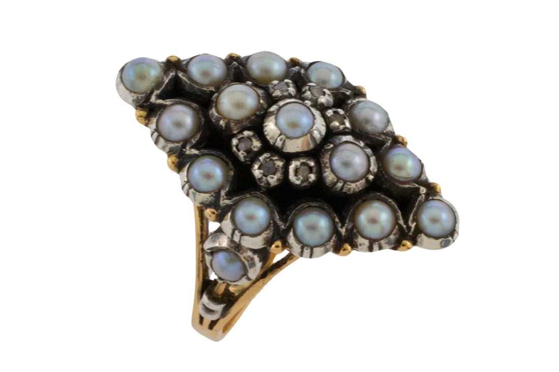 Vintage navette grey pearl and rose diamond ring-Vintage Rings-The Antique Ring Shop