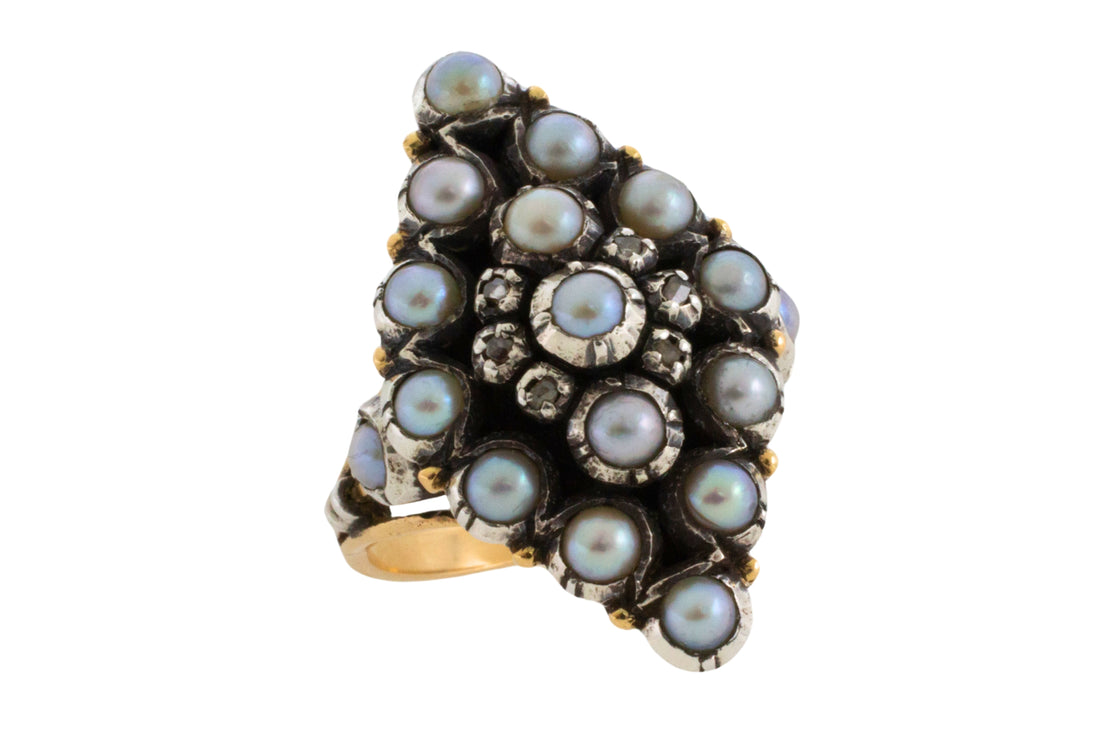 Vintage navette grey pearl and rose diamond ring-Vintage Rings-The Antique Ring Shop