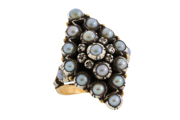 Vintage navette grey pearl and rose diamond ring-Vintage Rings-The Antique Ring Shop