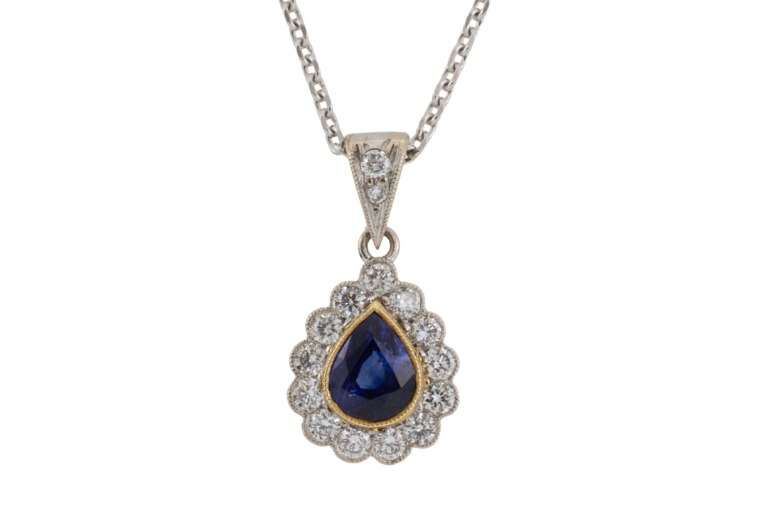 Sapphire and diamond pendant in 18 carat gold-Pendants-The Antique Ring Shop