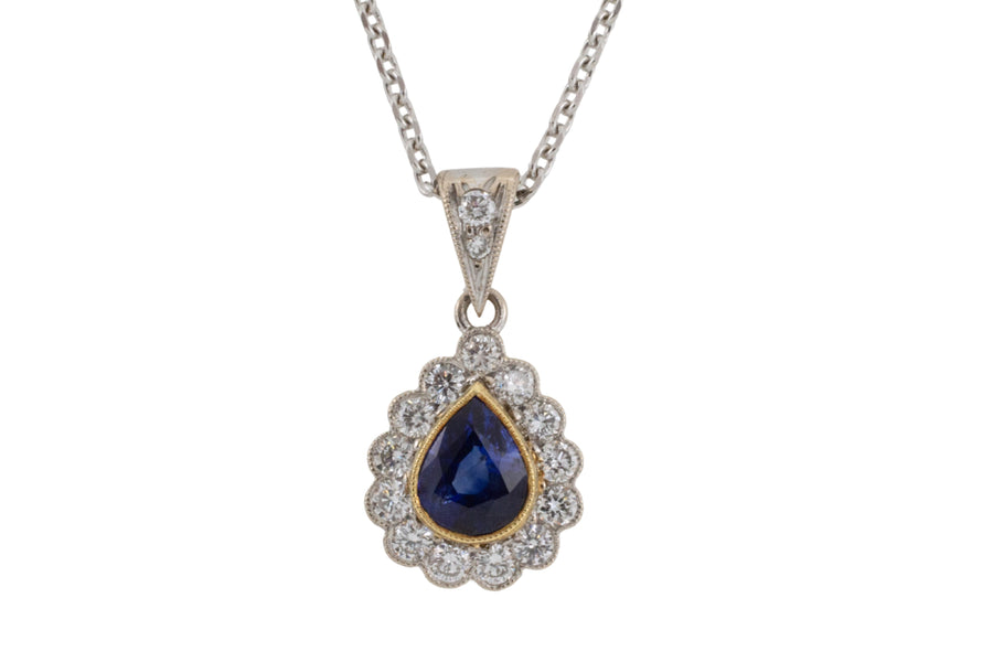 Sapphire and diamond pendant in 18 carat gold-Pendants-The Antique Ring Shop