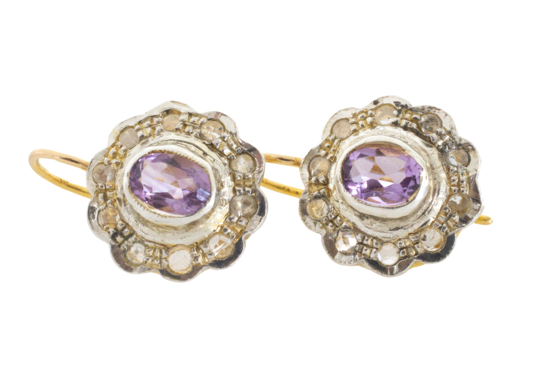 Amrthyst and rose diamond earrings in silver and gold-Earrings-The Antique Ring Shop