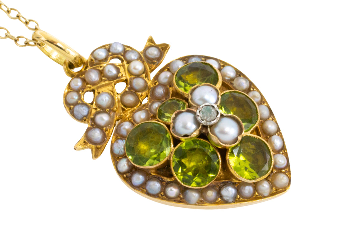 Victorian peridot and pearl pendant and chain-Pendants-The Antique Ring Shop