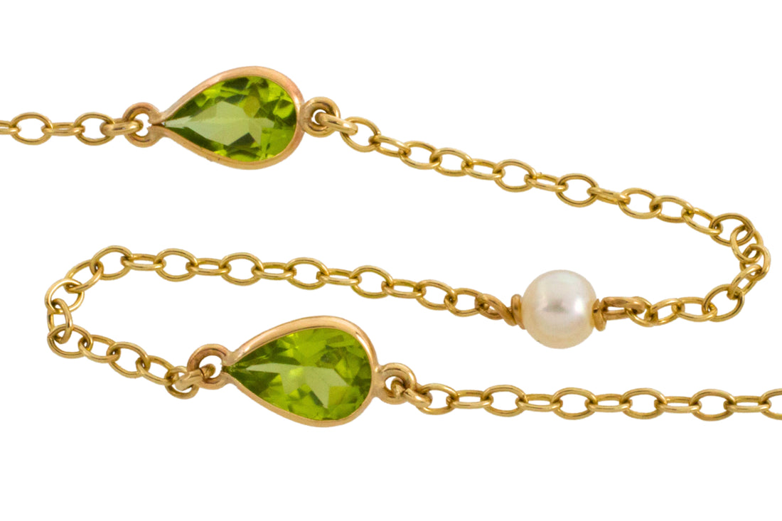 Victorian peridot and pearl pendant and chain-Pendants-The Antique Ring Shop