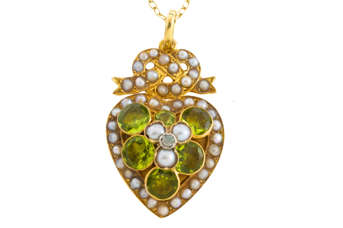 Victorian peridot and pearl pendant and chain-Pendants-The Antique Ring Shop