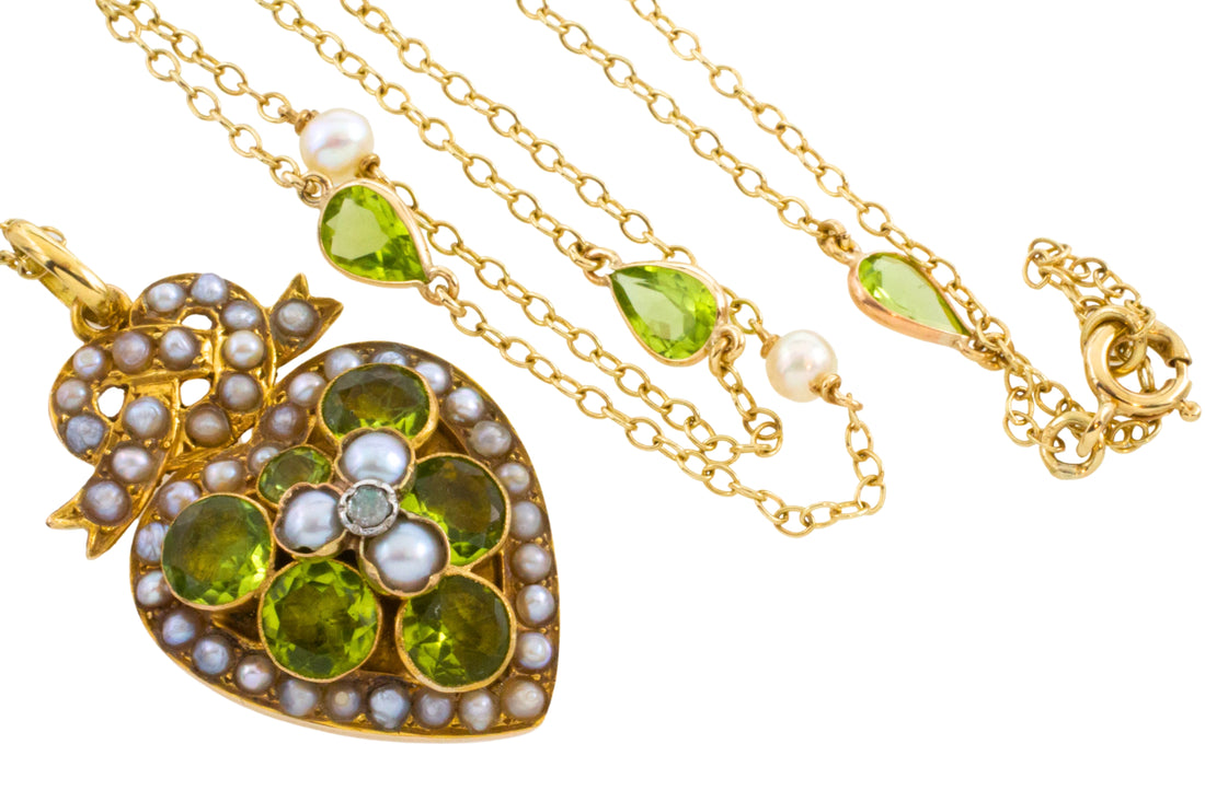 Victorian peridot and pearl pendant and chain-Pendants-The Antique Ring Shop