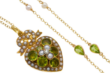 Victorian peridot and pearl pendant and chain-Pendants-The Antique Ring Shop