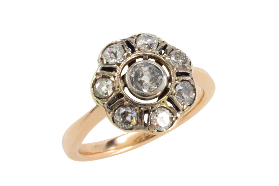 Old cut diamond cluster ring in silver and gold-Antique rings-The Antique Ring Shop
