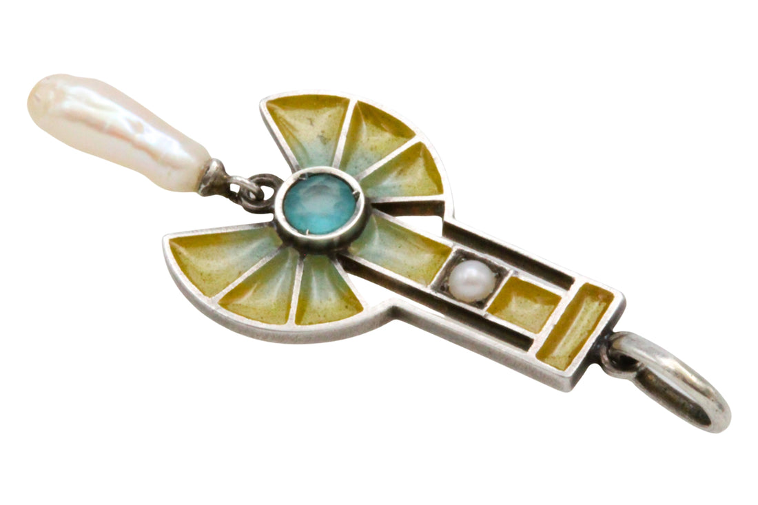 Art Deco Plique a jour silver pendant with pearls-Pendants-The Antique Ring Shop