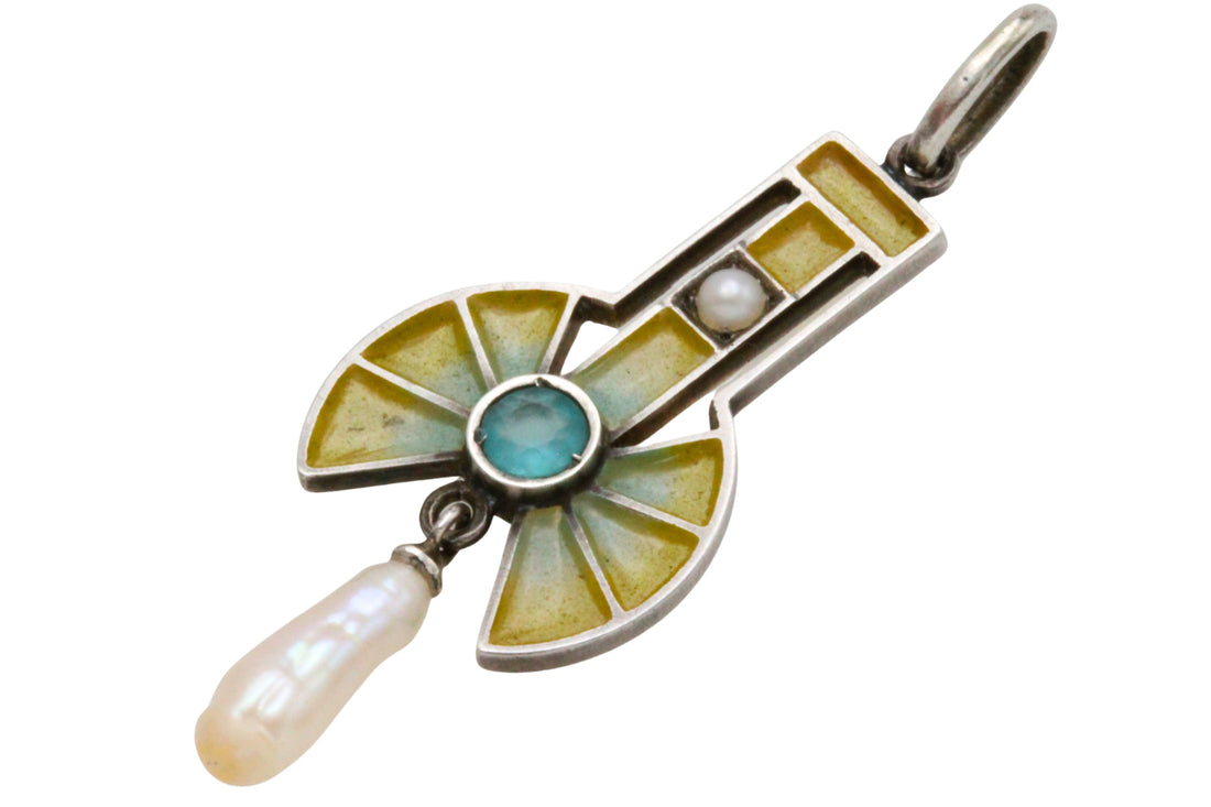 Art Deco Plique a jour silver pendant with pearls-Pendants-The Antique Ring Shop