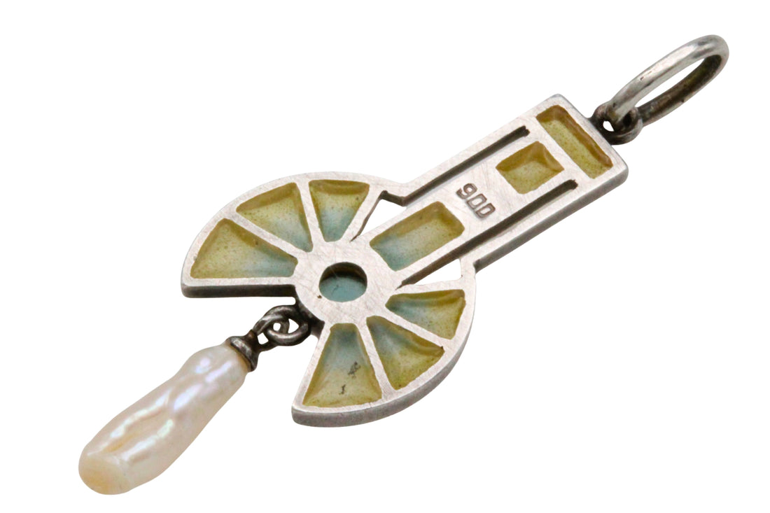 Art Deco Plique a jour silver pendant with pearls-Pendants-The Antique Ring Shop
