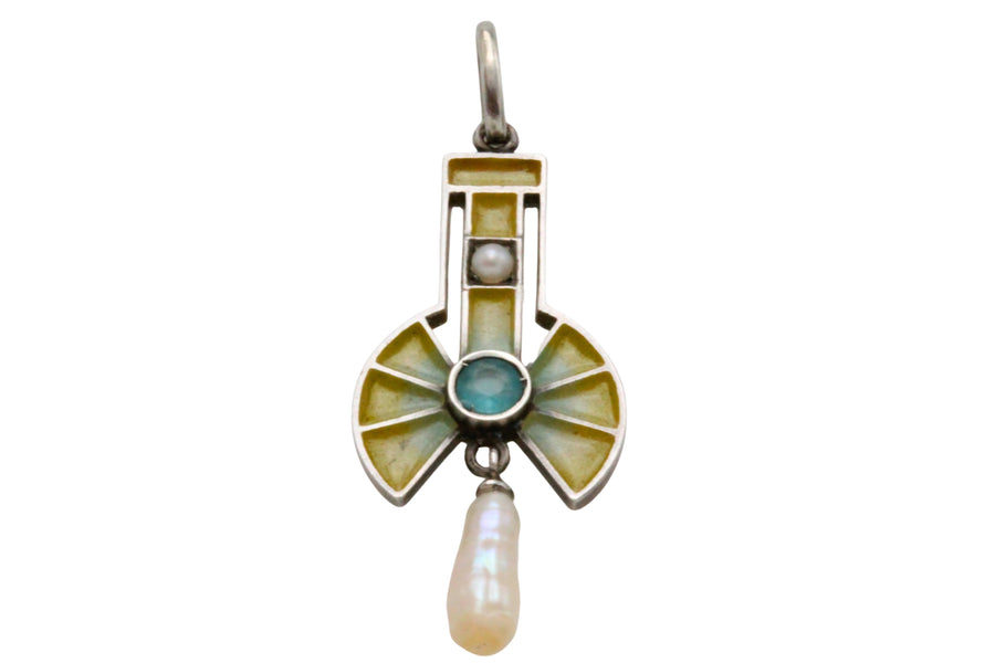 Art Deco Plique a jour silver pendant with pearls-Pendants-The Antique Ring Shop