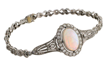Platinum bracelet with cabochon opal and diamonds-Bracelets-The Antique Ring Shop