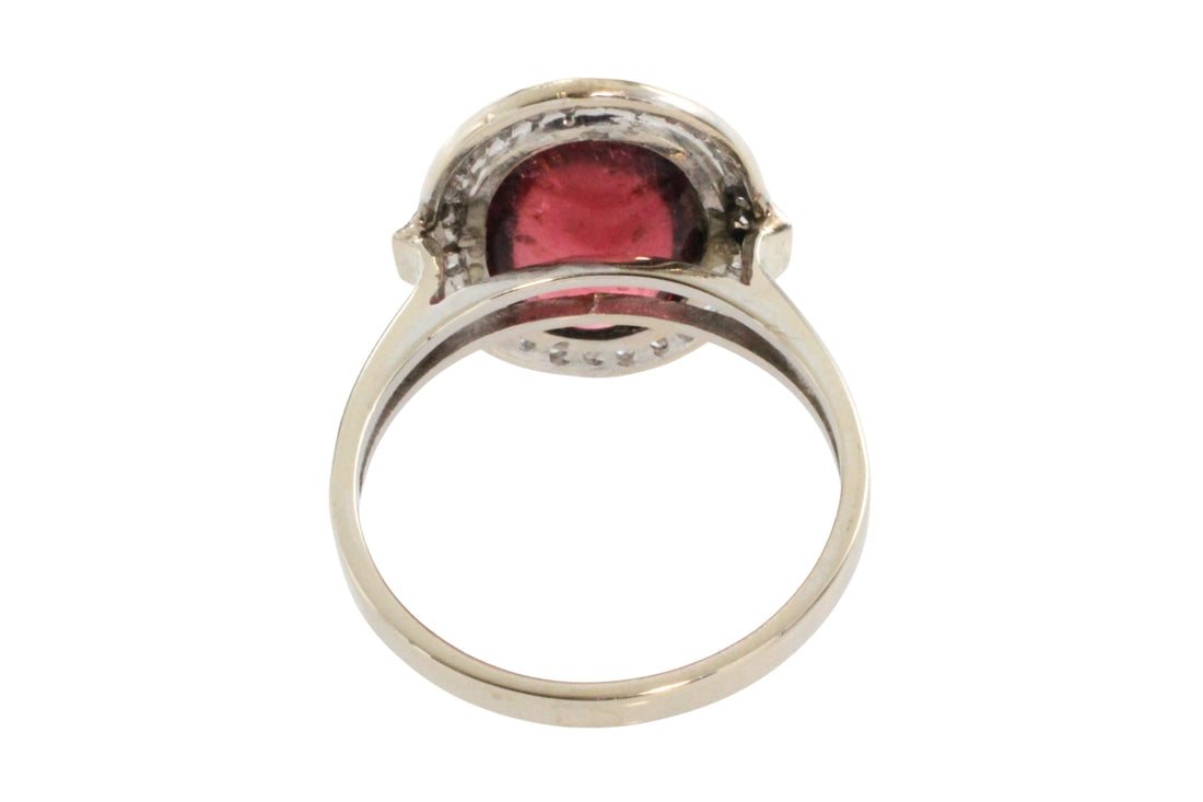 Cabochon pink tourmaline and diamond ring in white gold-Vintage Rings-The Antique Ring Shop