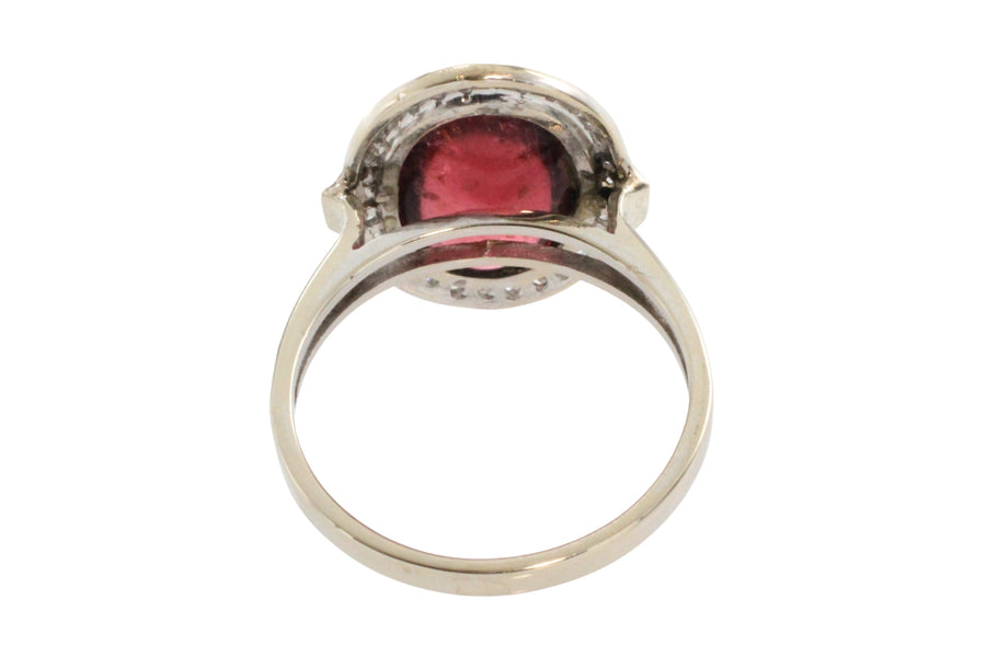Cabochon pink tourmaline and diamond ring in white gold-Vintage Rings-The Antique Ring Shop