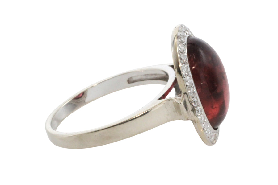 Cabochon pink tourmaline and diamond ring in white gold-Vintage Rings-The Antique Ring Shop