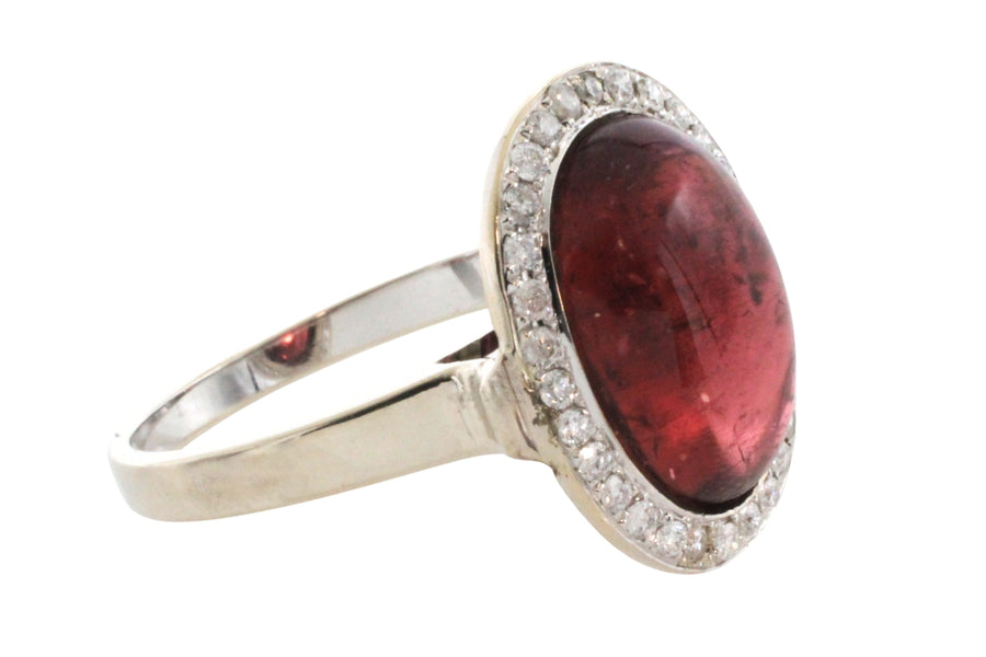 Cabochon pink tourmaline and diamond ring in white gold-Vintage Rings-The Antique Ring Shop