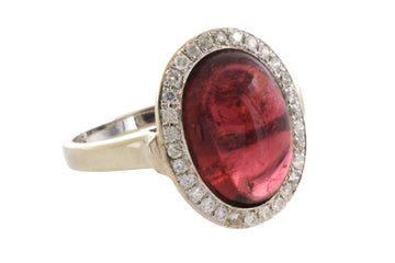 Cabochon pink tourmaline and diamond ring in white gold-Vintage Rings-The Antique Ring Shop
