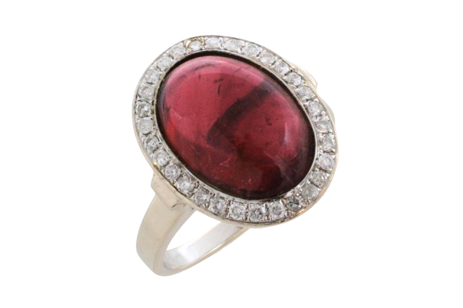 Cabochon pink tourmaline and diamond ring in white gold-Vintage Rings-The Antique Ring Shop