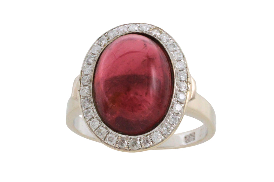 Cabochon pink tourmaline and diamond ring in white gold-Vintage Rings-The Antique Ring Shop