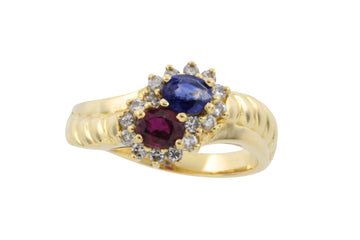 Rouby and sapphire double cluster ring-Vintage Rings-The Antique Ring Shop